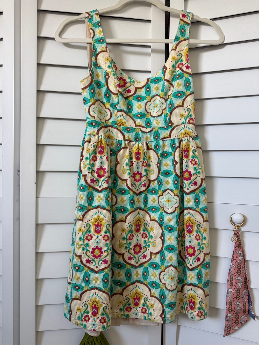 Judith March Aqua and Cream Floral Medallion Mini Dress with Pink Accents